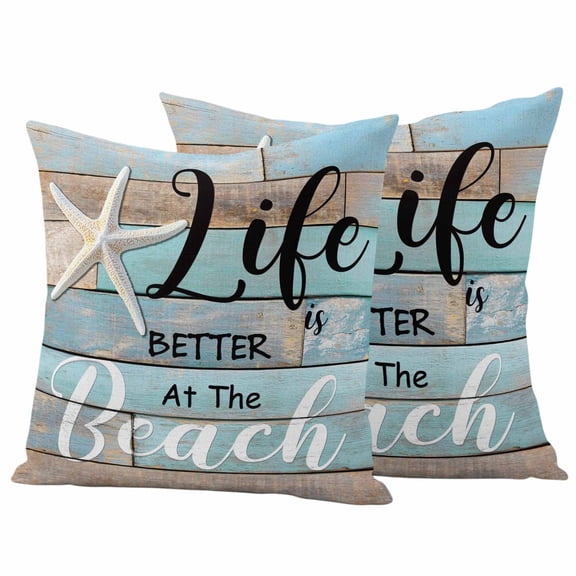 2 Pack Outdoor Waterproof Throw Pillow Covers,Beach Life Ocean Starfish Decorative Square Pillow Case Patio Pillowcases for Chair Couch Sofa 16x16in