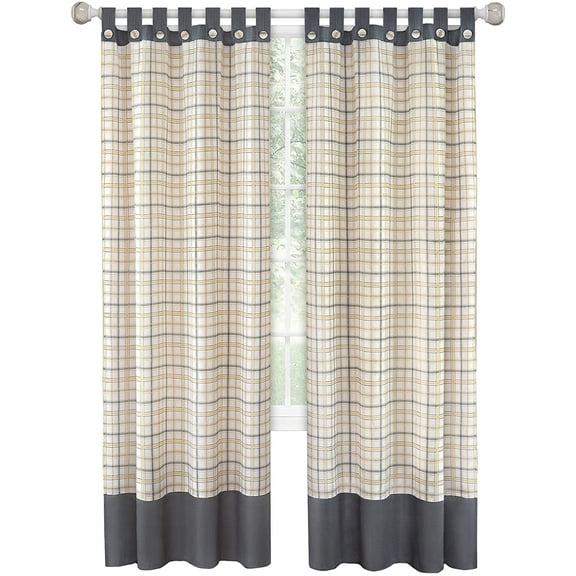 Window Curtain Panel Drapes with Double Layer Plaid Gingham Design, Button Tab Top Window Panel, Gray, 52" W x 84" L