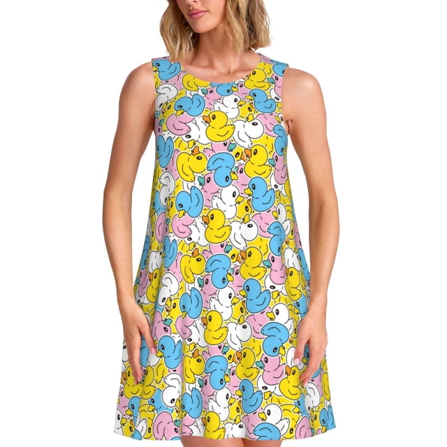Fotbe Colorful Duck Vestido de Verano sin Mangas para Mujer – Vestido Midi Línea A, Estilo Camiseta Floral, Vestido Playero Casual y Fluido