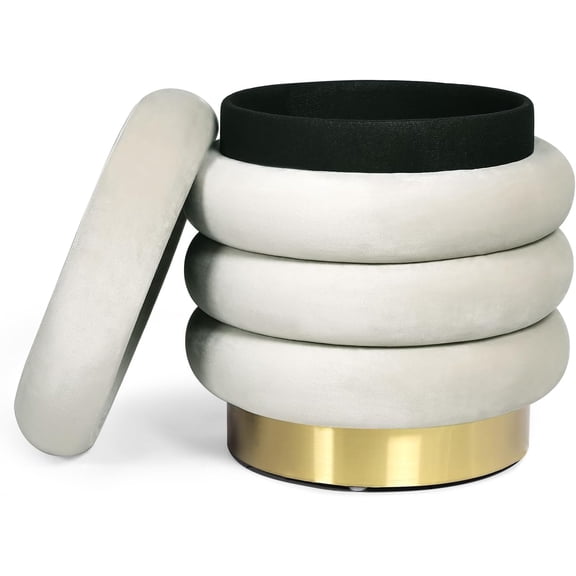 Adeco Round Ottoman Velvet Vanity Stool Chair with Storage, Modern Padded Footrest Stool Seat Footstool for Living Room Bedroom, Beige