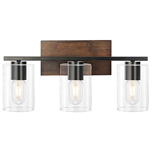 Drnanlit 3 Light Farmhouse Vanity Fixture Rustic Wood Finish Wall Sconce With Clear Glass Shade Vintage Lighting For Bathroom Hallway Kitchen Living Room Com Light Farmhouse Vanity Fixture, Bathroom Bar Light Fixtures Wood