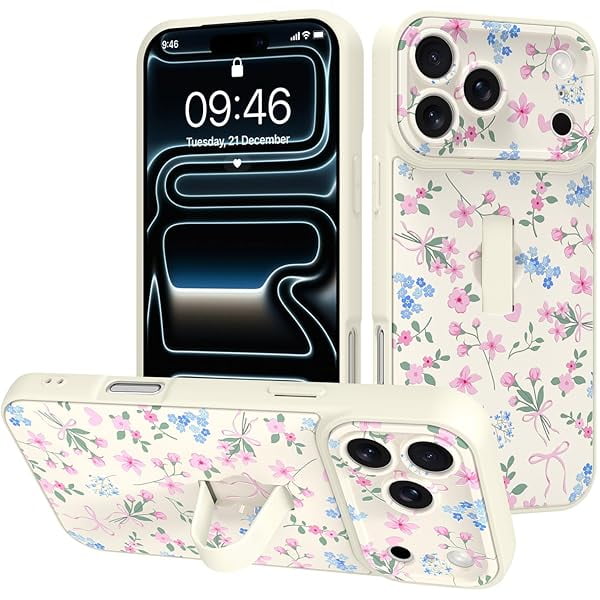 wonima11 Designed for iPhone 17 Pro Max Case with Finger Strap Kickstand,Cute Pink Flower Heart Bowknot Pattern for Women Girls,Full Camera Protection Aesthetic Shockproof TPU Design,White