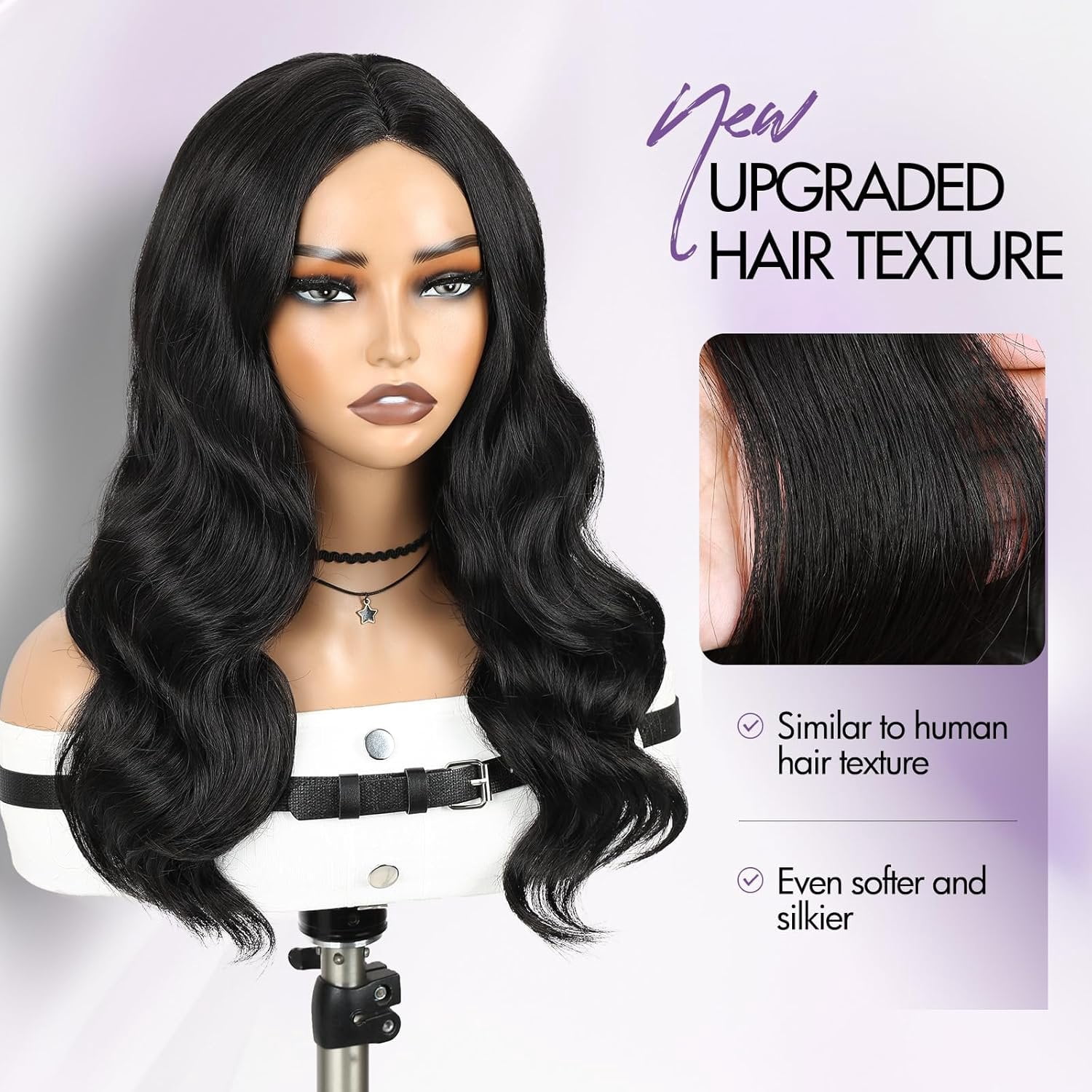 Long Black Wavy Wigs for Women Pre Cut Simulated Lace Wavy Wigs Curly Wig with Middle Part Synthetic 18 Inch  Looking Wig for Daily Party Use