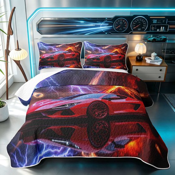 Erosebridal Sports Car Twin Quilt Set, Volcano Twin Coverlet Set, Red Volcano 2-Piece 1 Bedspread and 1 Pillowcase