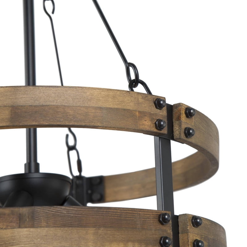 LNC 3-Light Rustic Barrel Chandelier with Faux Wood Finish and Matte Black Accents