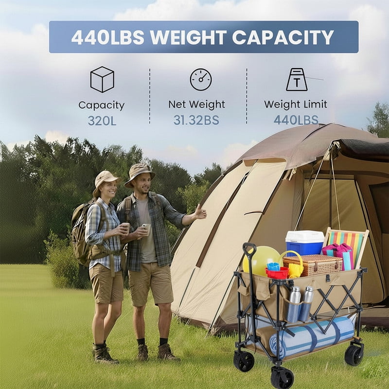 Double Decker Folding Wagon, 440lbs Heavy Duty 2 Tier Utility Cart with 320L Capacity, Collapsible Wagon with All-Terrain Wheels & Brakes for Camping, Beach, Fishing, Grocery, Gray