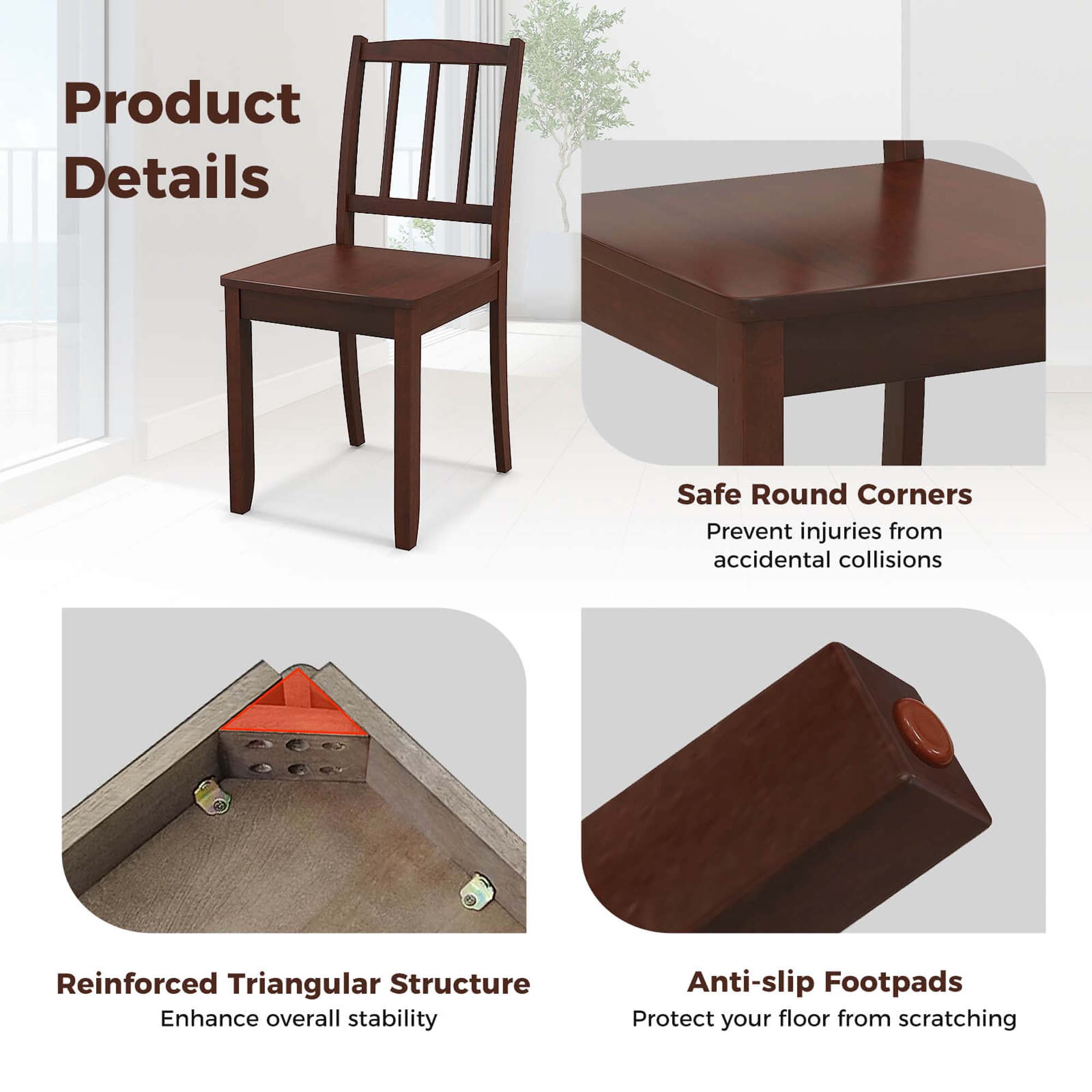 Costway Wood Dining Chair Set of 2 with Rubber Wood Legs Curved Backrest for Kitchen Brown