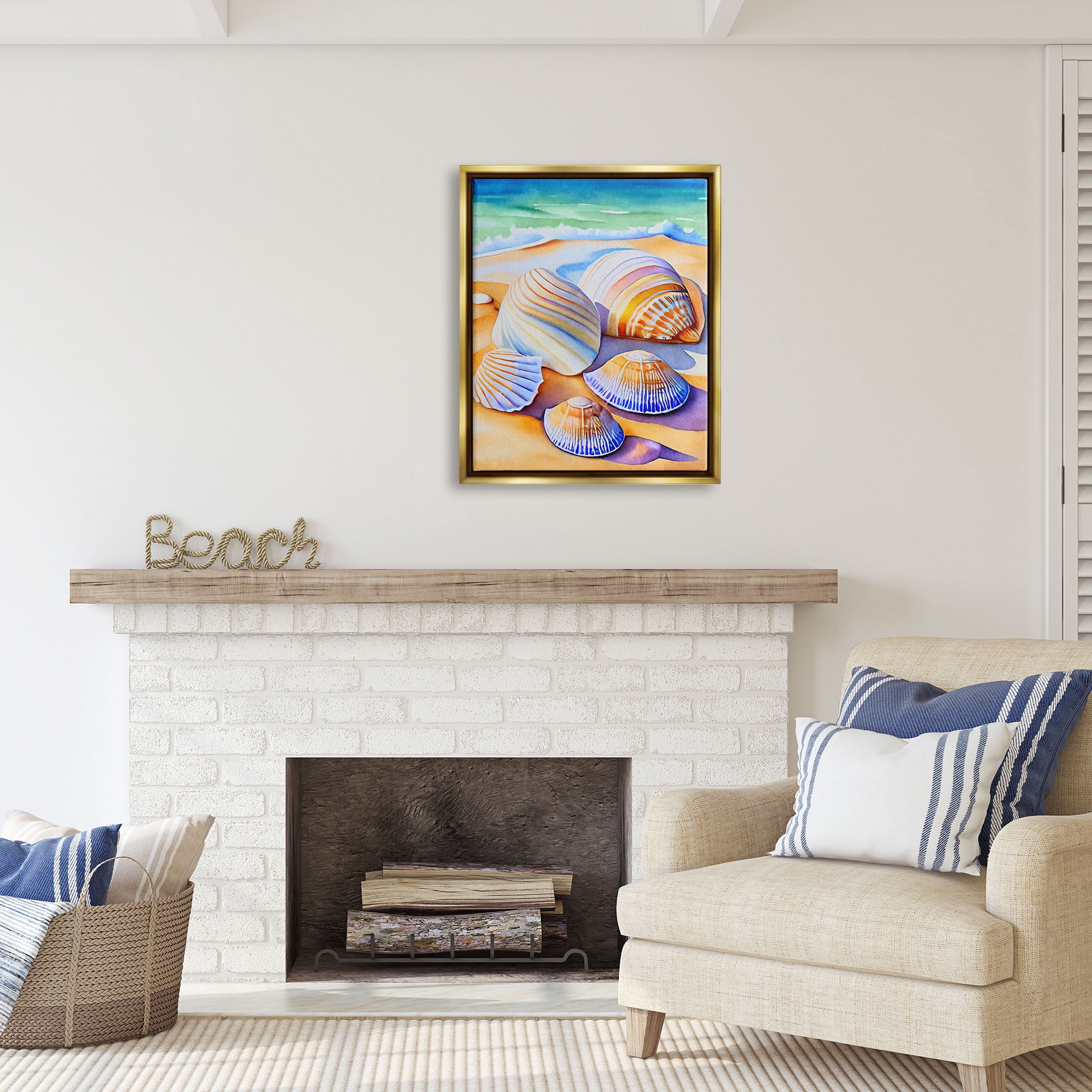 Stupell Industries Vibrant Seashells on Shore Nature Painting Gold Floater Framed Art Print Wall Art, 25 x 31