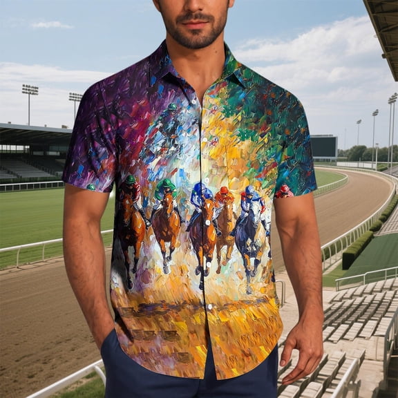 DayScoop Mens Fashion Shirts Short Sleeve Summer Tops Casual Turndown Collar Hawaii Horse Racing Printing Button Blouse
