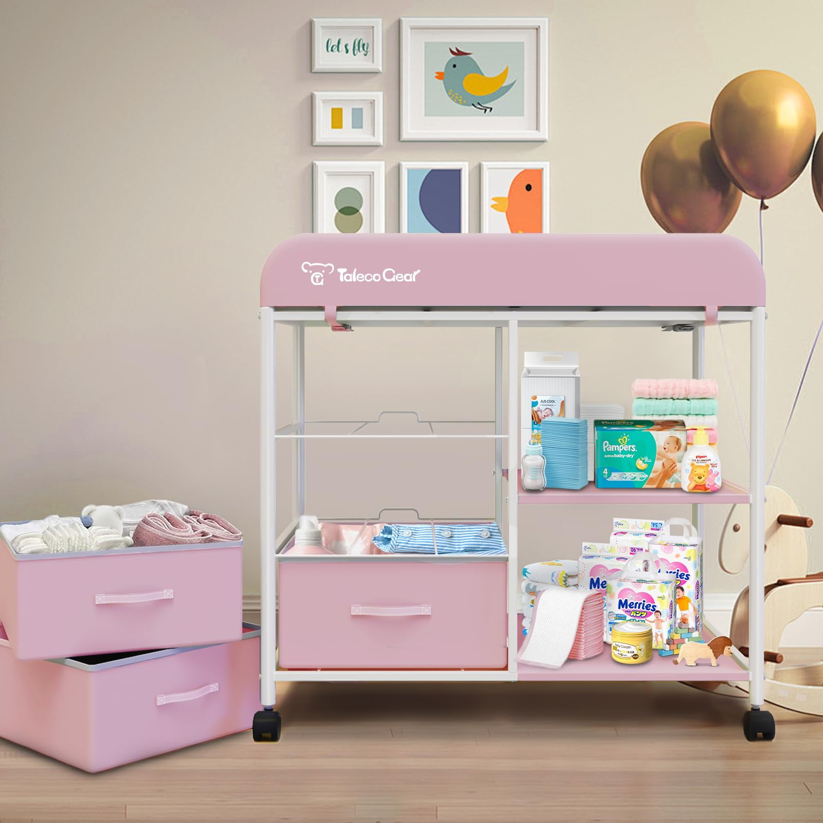 G TALECO GEAR Baby Changing Table, Portable Diaper Changing Station with Wheels, Nursery Organizer for Newborn and Infant, Pink