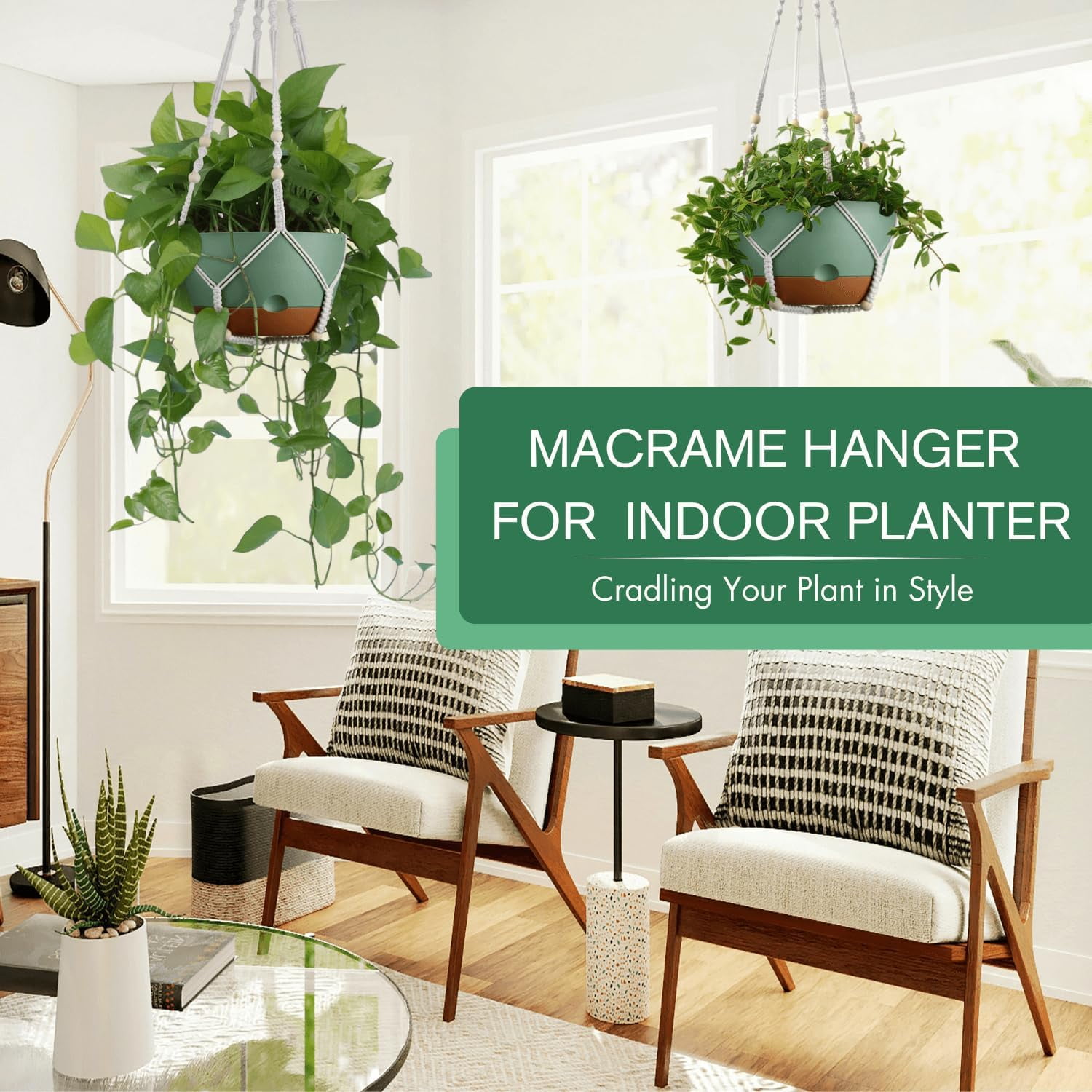 Diigabo 3-Pack 8-inch Self-Watering Hanging Planters with Macrame Hanger Indoor Plastic Plant Pots with Drainage Hole&Saucers Flower Baskets for Outdoor Garden Home Ceiling Decor(Green)