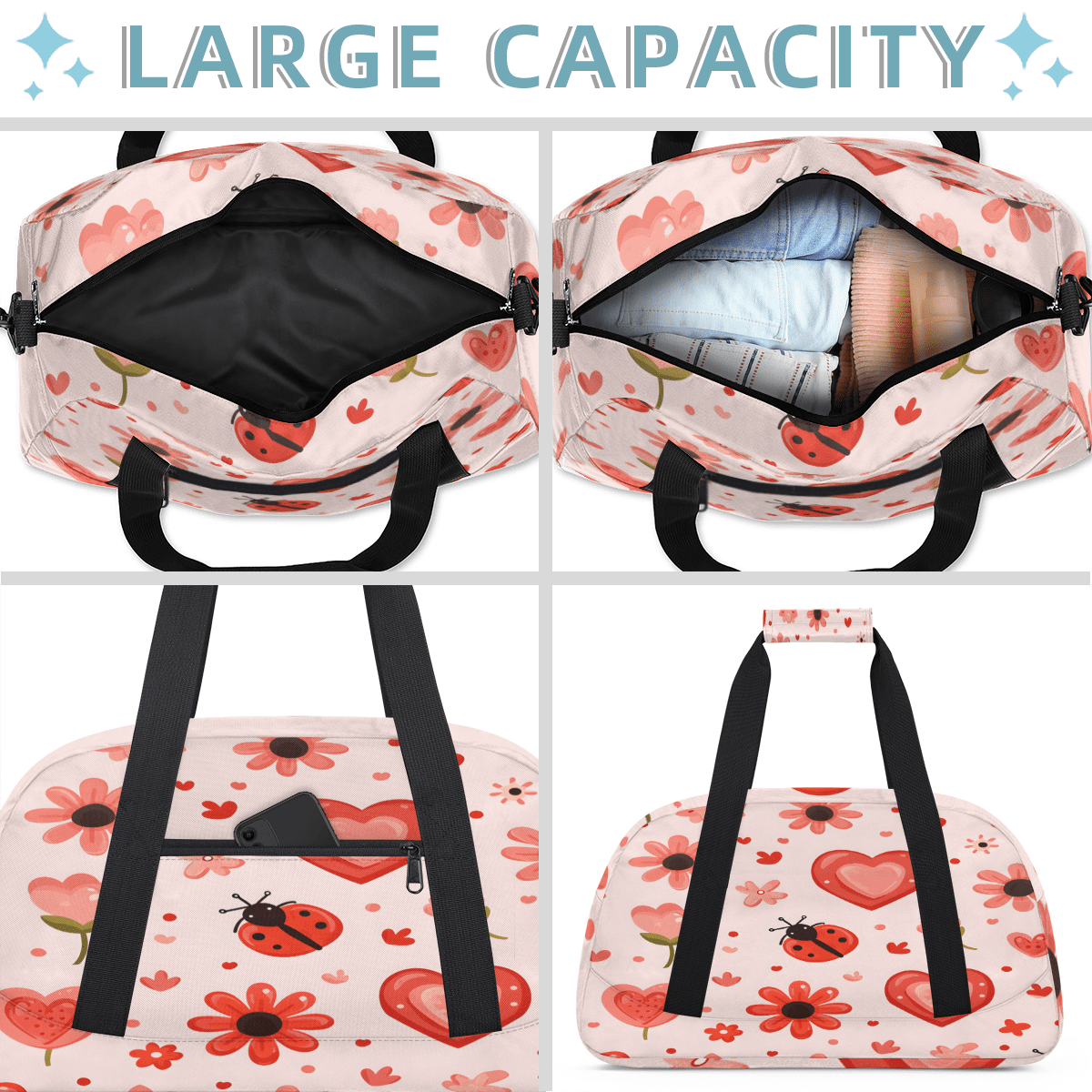Herdesigns Cute Ladybugs Sports Duffle Bag for Women & Men, Flower Ladybugs Gym Bag Dance Bag Overnight Bag Carry On Weekender Travel Bag