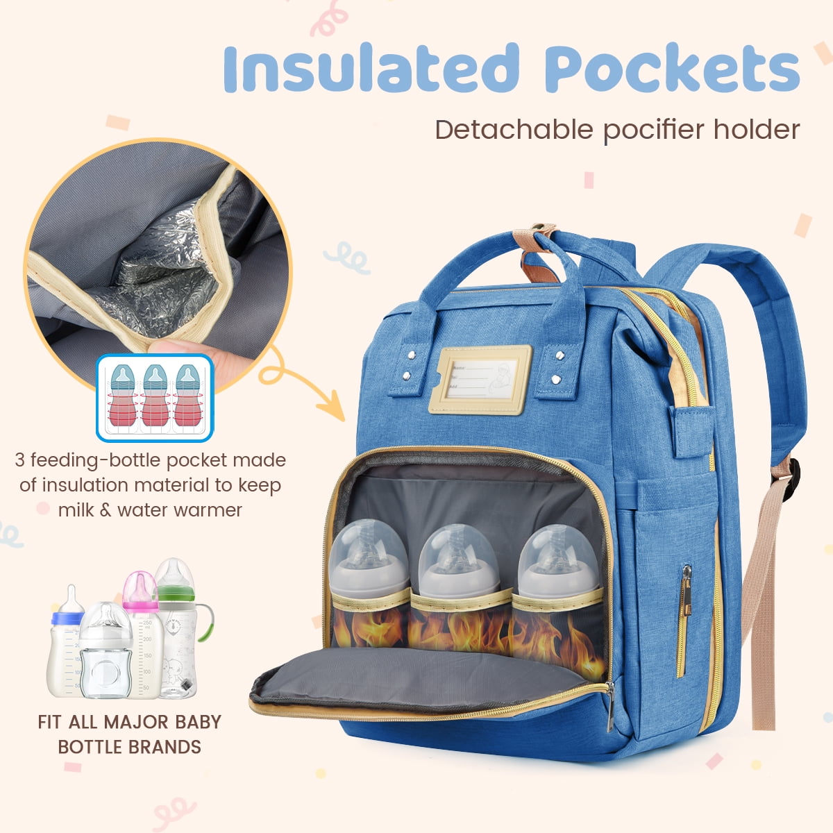 Diaper Bag Backpack, Multifunctional Baby Changing Bag with Foldable Crib & Insulated Milk Bottle Pocket, Large Capacity Travel Backpack with USB Charging Port & Stroller Strap (Blue)