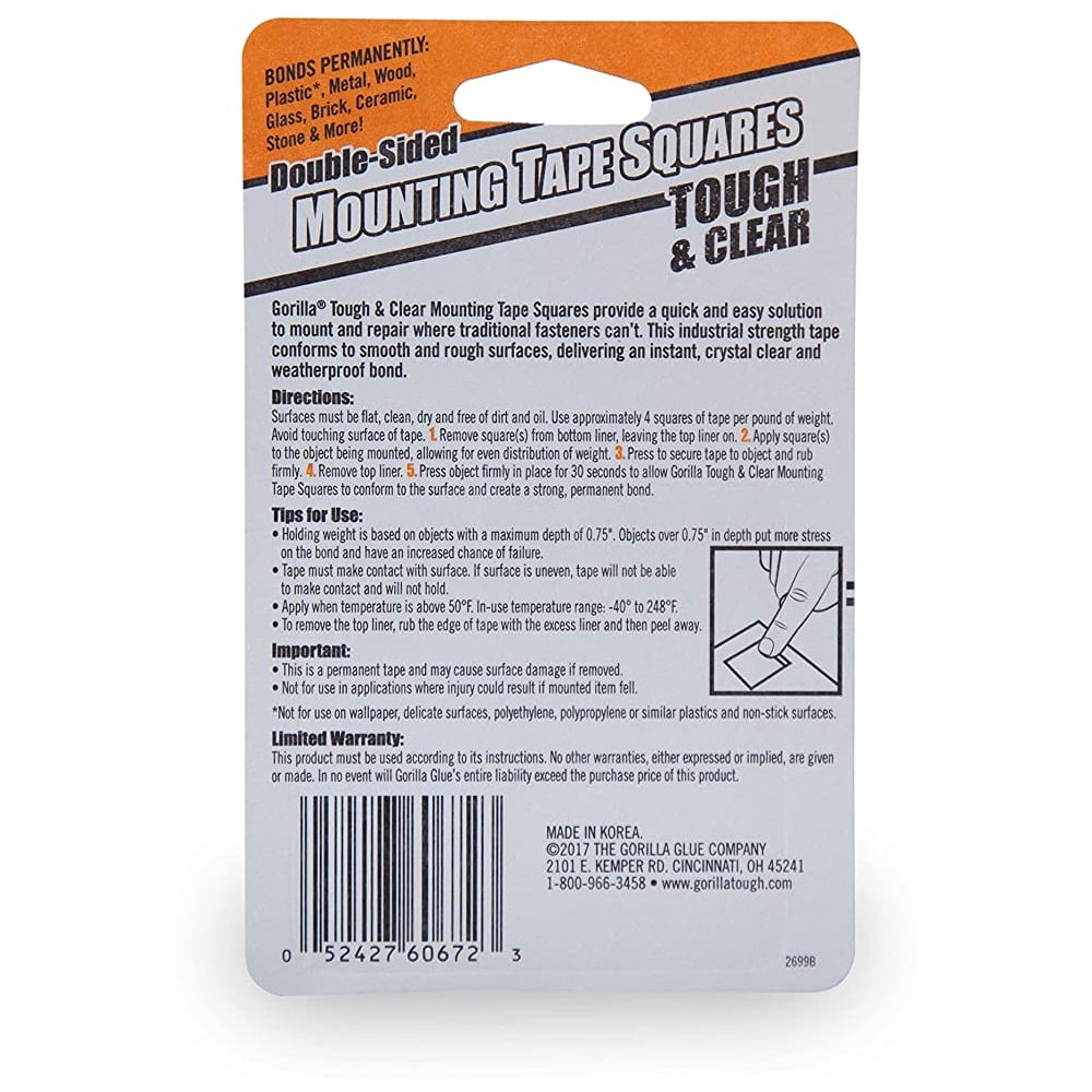 Gorilla Tough & Clear Double Sided Mounting Tape Squares, 24 1 Pre-Cut Squares, Clear, 2 Pack