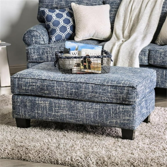 Furniture of America Brummitt Transitional Fabric Upholstered Ottoman in Blue