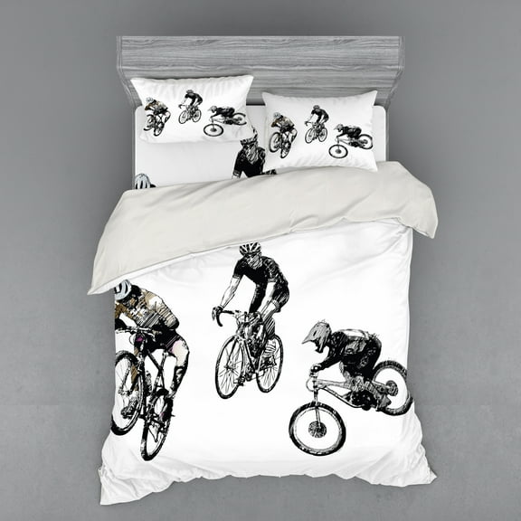 Ambesonne Black and White Bedding Set 4 Pcs, Sketch Cyclists, Queen, Black and White