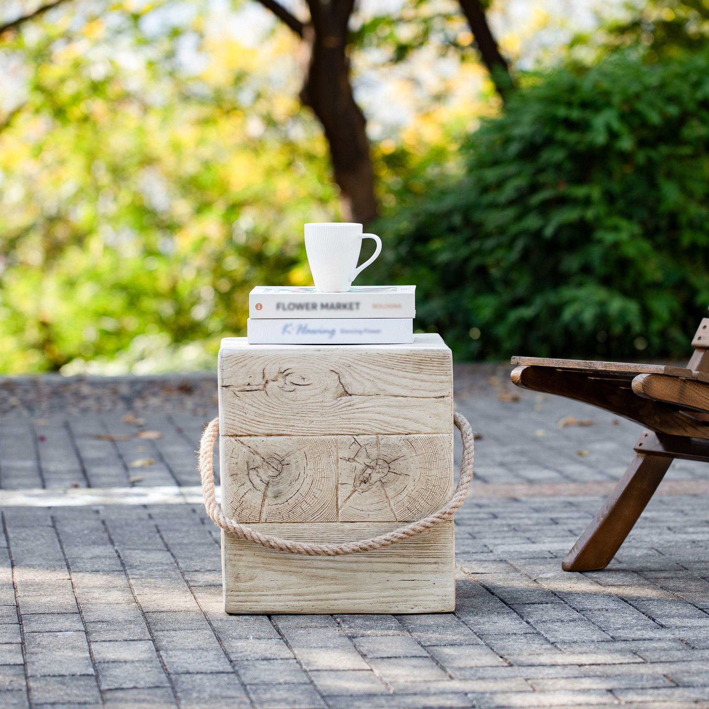 Outdoor Wood Grain Square MGO Side Table with Simulated Braided Cord, Indoor Retro End Table for Home & Patio Decor