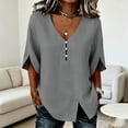 thumbnail image 4 of Neewe Womens 3/4 Sleeve Button Shirts Cotton Linen 3/4 Sleeve Tops V Neck Casual Loose Fit Blouses with Split Hem, 4 of 7