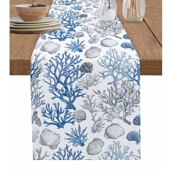 Ldtrchee Coastal Blue Coral Table Runner 72 Inches, Ocean Sea Shell Conch Watercolor Bed Runner Dresser Scarves Tabletop for Indoor Outdoor Parties/Ceremony/Banquet, 13" x 72"