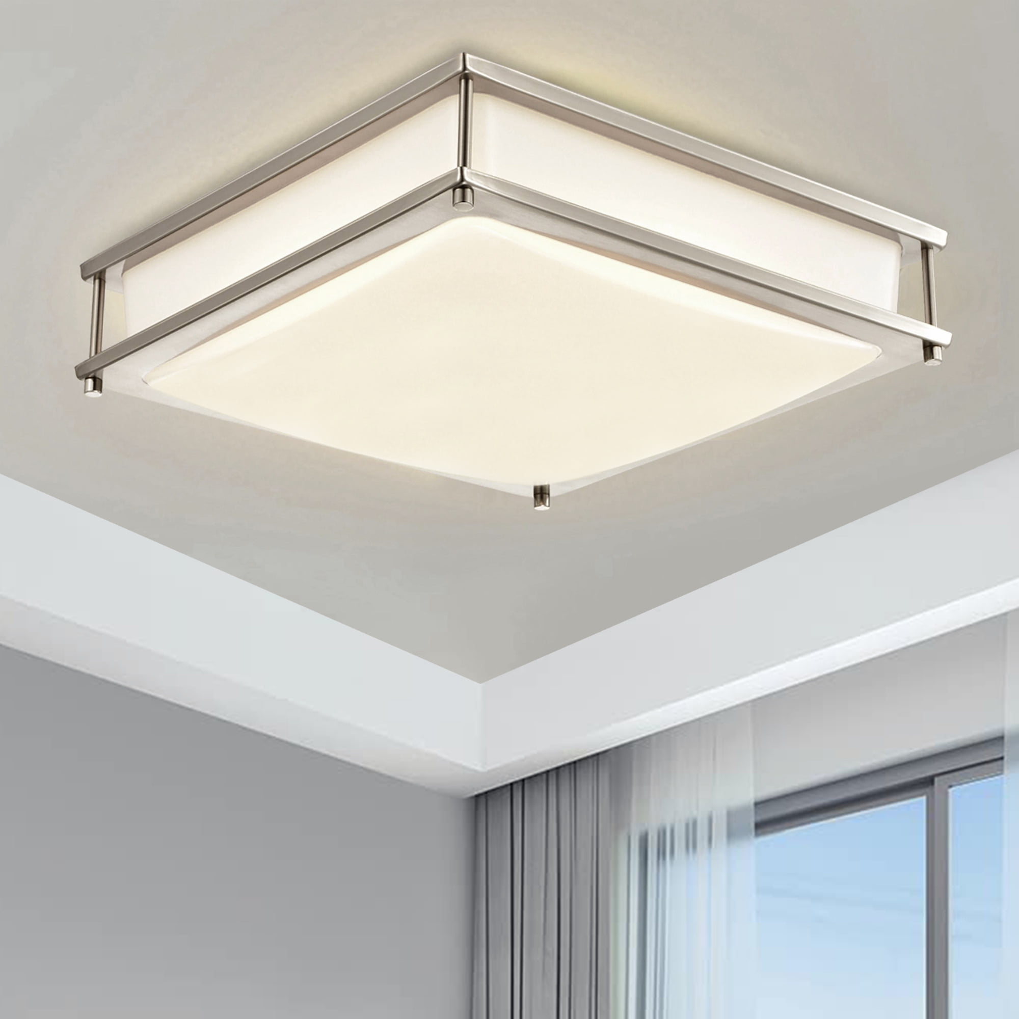 MingBright 12-Inch LED Ceiling Light Fixture, Brushed Nickel Ceiling Flush Mount Square Kitchen Light, Dimmable Damp Location Lamps for Bathroom, Kitchen, cETL Listed