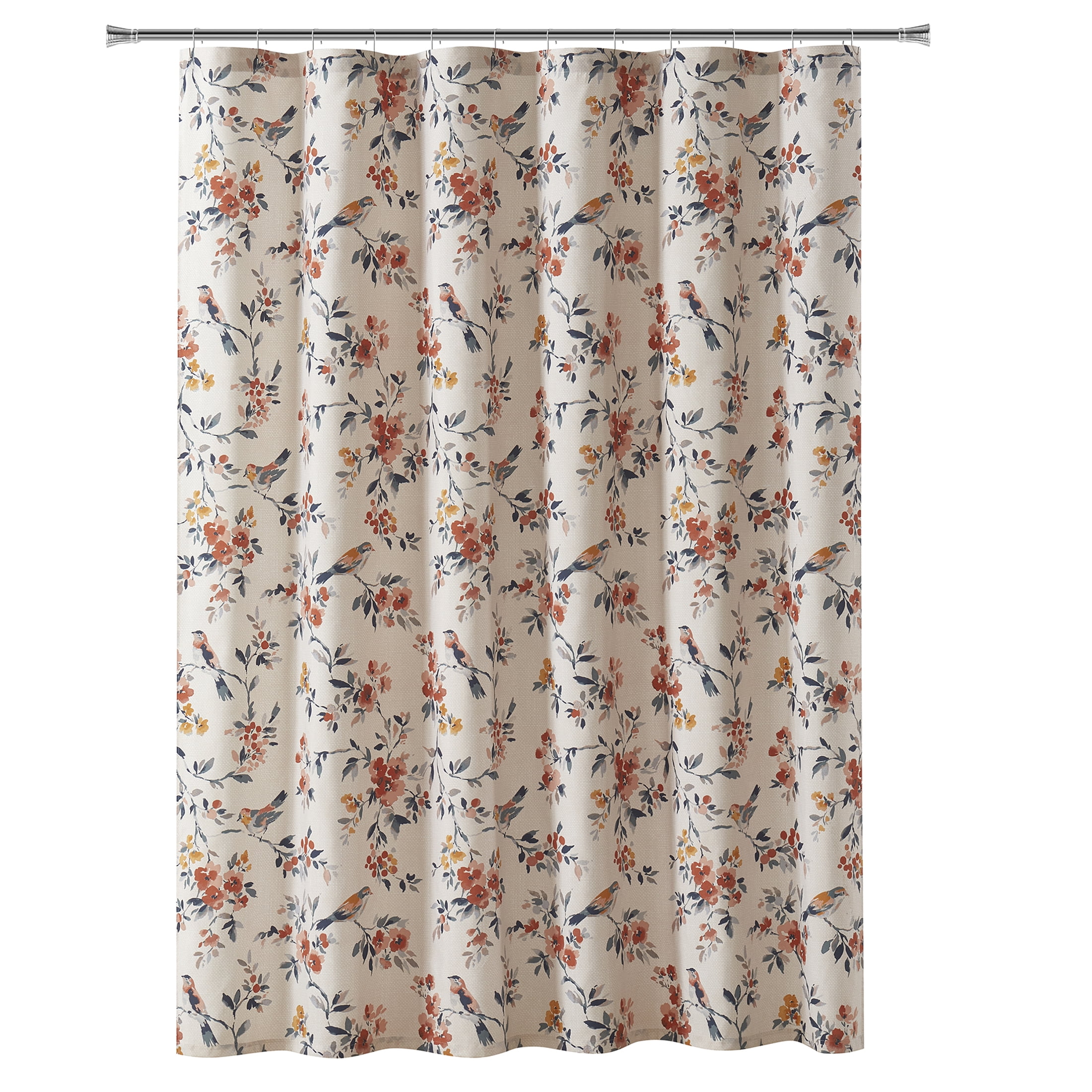 Mainstays 15-Piece White & Multi Farmhouse Floral Bird Bathroom Set – Shower Curtain, Bath Rugs & Hooks with Bird & Vine Print