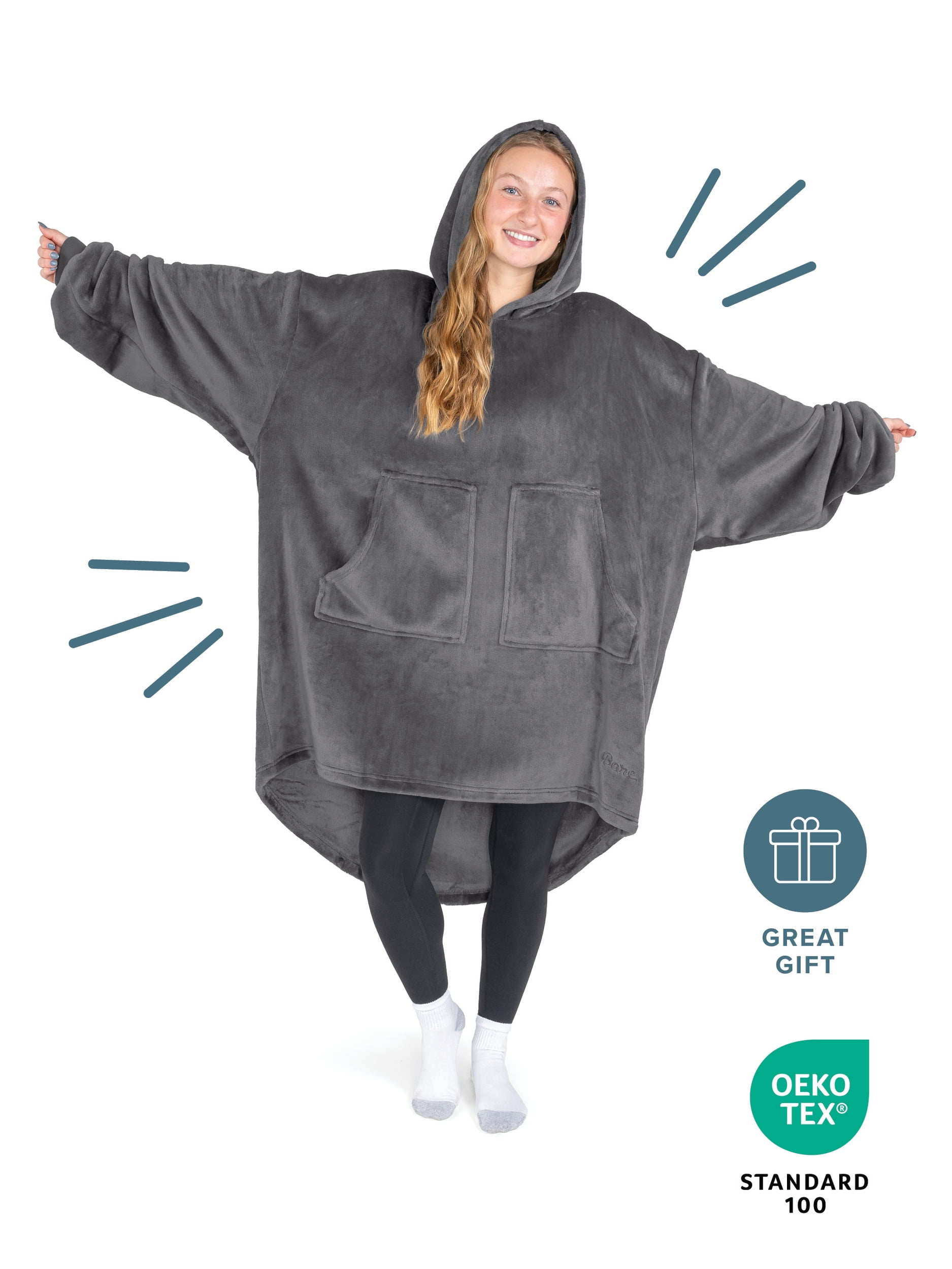 Bare Homey Adult Size Microplush Wearable Blanket, Split Front Pocket, Gray