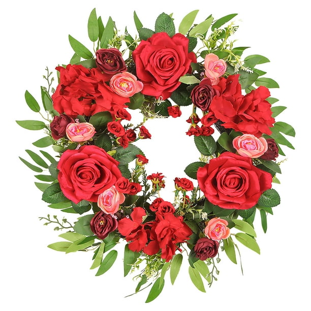 Guirnalda de rosas artificiales - Rosas rojas, tela de seda y fácil de colgar - Decoración primaveral para puerta de entrada/cuartos de casa