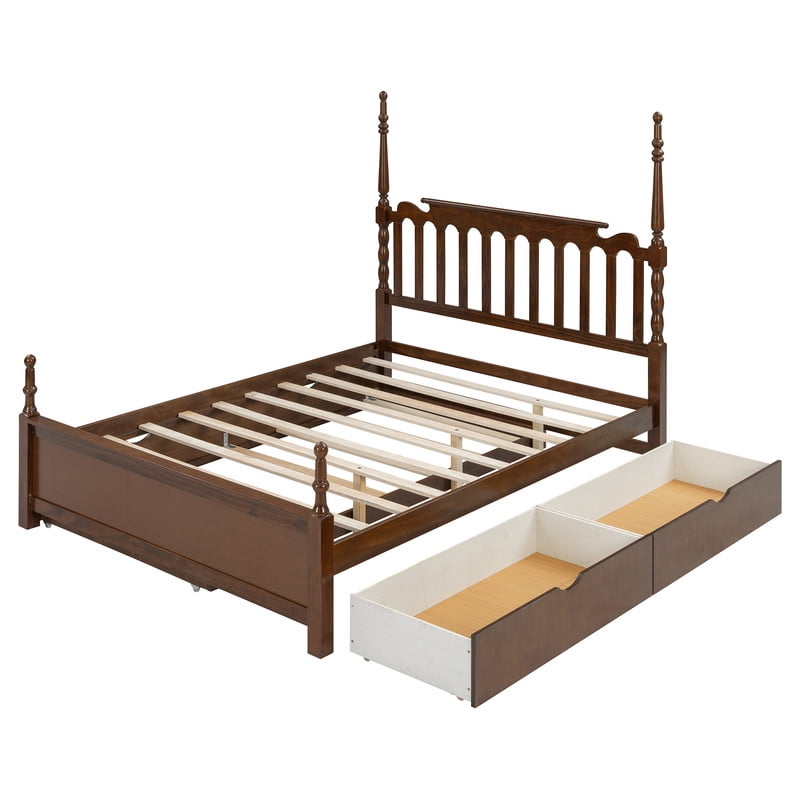 Queen Size Platform Bed with Twin XL Trundle and 2 Storage Drawers, Wooden Bed Frame with Vintage Spindle Headboard & Footboard