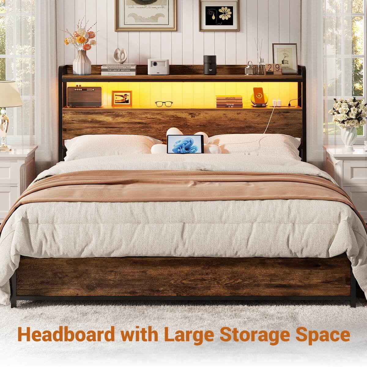 Homieasy Headboard for Full Size Bed Frame, Headboards with Outlets, USB Ports and LED Light, Head Board with Storage, Height Adjustable, Sturdy and Stable Headboard, Black Oak