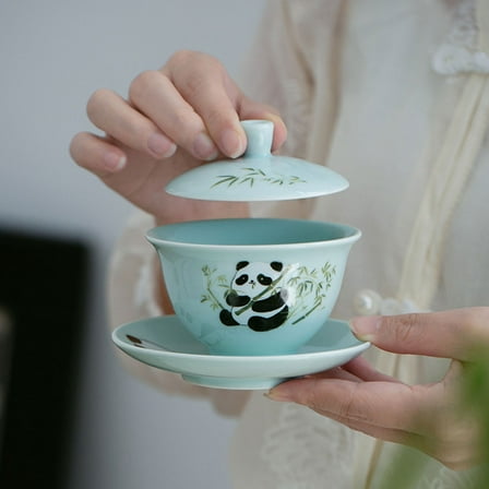 GOOHOCHY 1 Set Tea Cup Saucer Set Kawaii Panda Decor Ceramic Tea Cup with Lid Aesthetic Chinese Style Mug Set Cute Teacup for Tea Brewing