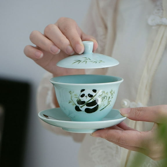 GOOHOCHY 1 Set Tea Cup Saucer Set Kawaii Panda Decor Ceramic Tea Cup with Lid Aesthetic Chinese Style Mug Set Cute Teacup for Tea Brewing