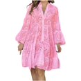 thumbnail image 3 of Vestidos lisos con ojales recortados para mujer Otoño Verano encaje manga larga cuello en V rayón gráfico vestidos largos mujeres 2023, 3 of 5