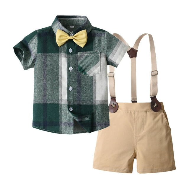 MIASHUI Boy Clothes Suit Gentleman Outfits Short Sleeve Suspender Shorts Bowtie Set,Green,5-6 Years