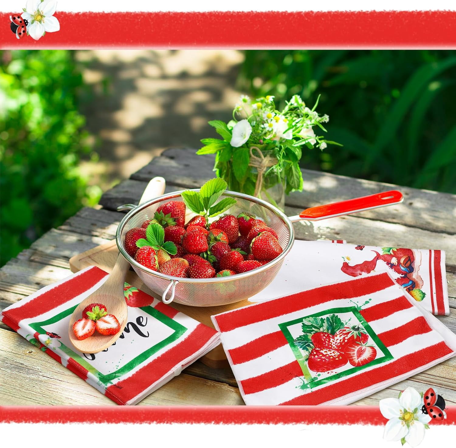 6 Pcs Summer Kitchen Towels 24 x 16 Inch Farmhouse Strawberry Hand Bath Dishtowels Absorbent Summer Tea Towel for Holiday Kitchen Bathroom Strawberry Party Decor Gifts