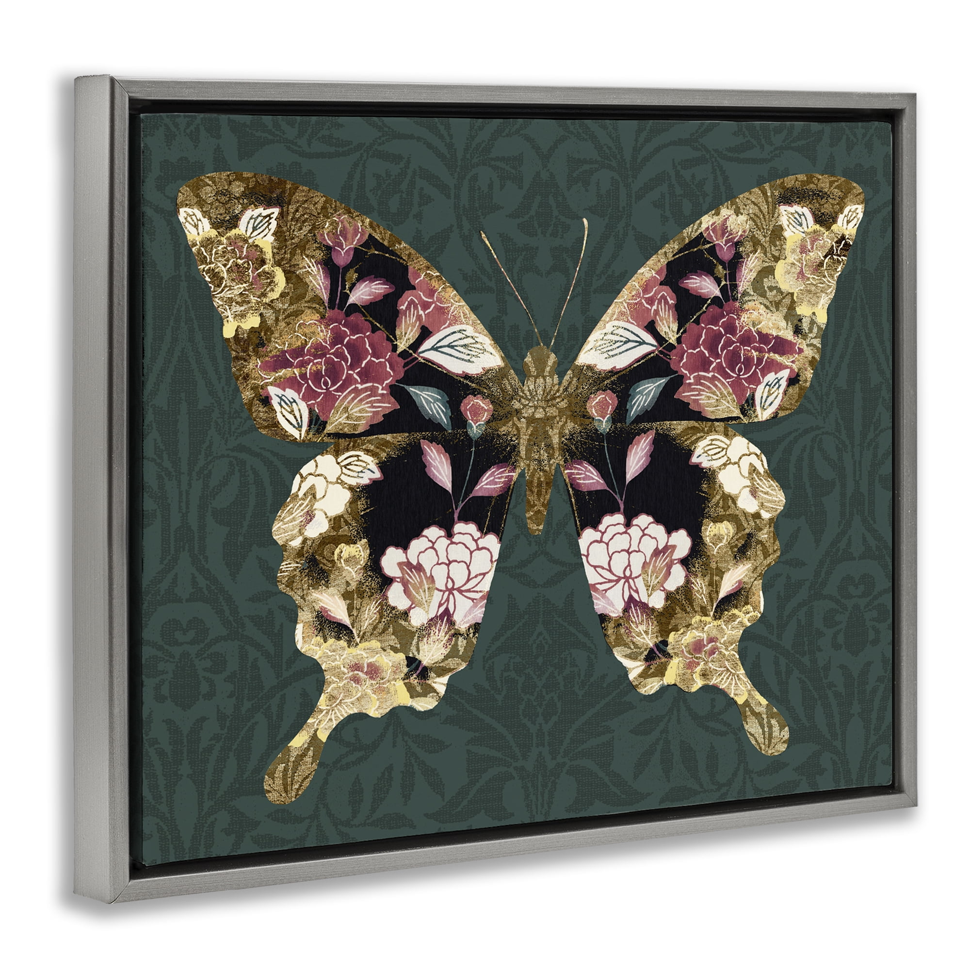 Stupell Industries Traditional Florals Butterfly Animals & Insects Painting Gray Floater Framed Canvas Art Print Wall Art, 21 x 17