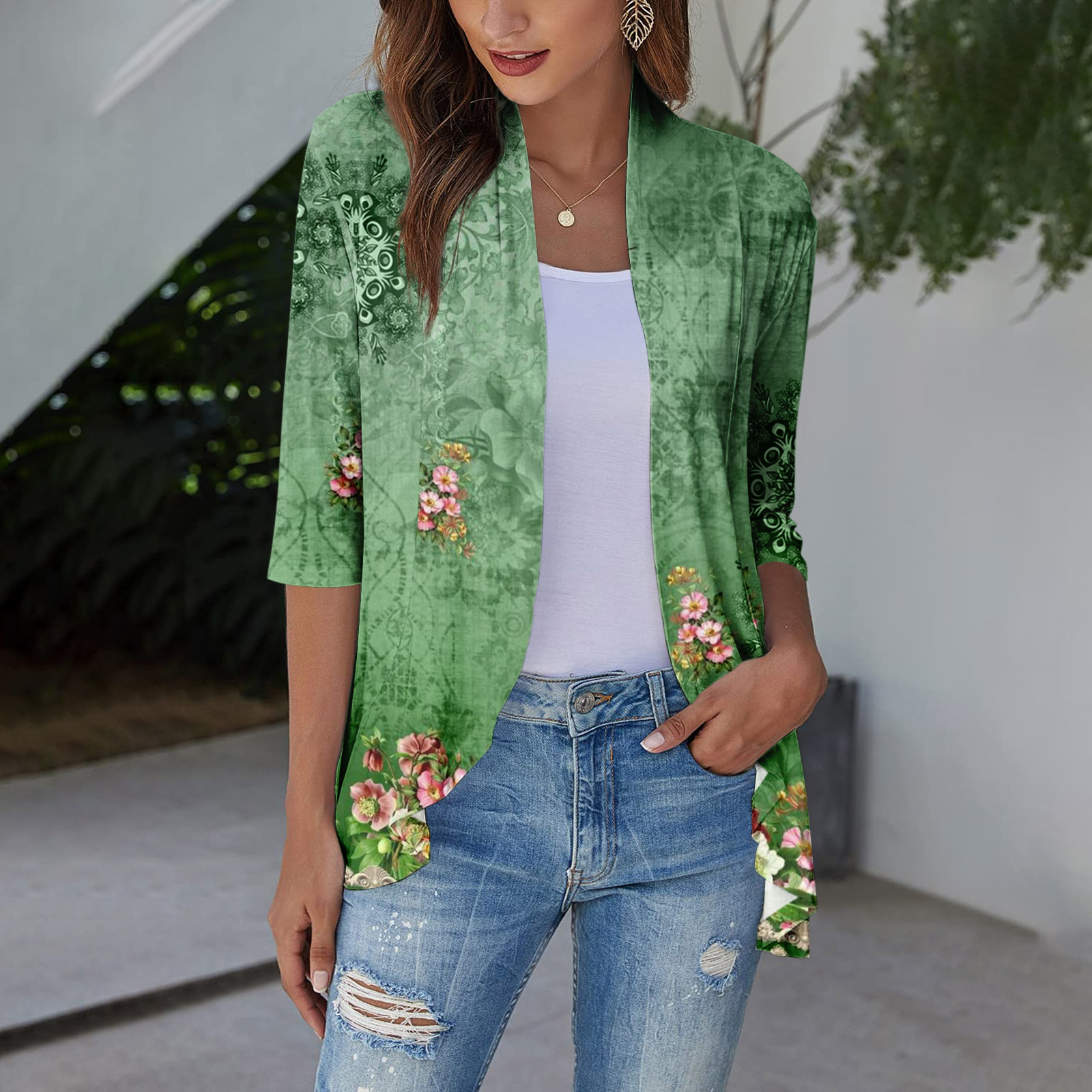 TQWQT Duster Cardigans for Women Casual Lightweight Open Front Cardigan Soft Draped Ruffles 3 4 Sleeve Duster Green M