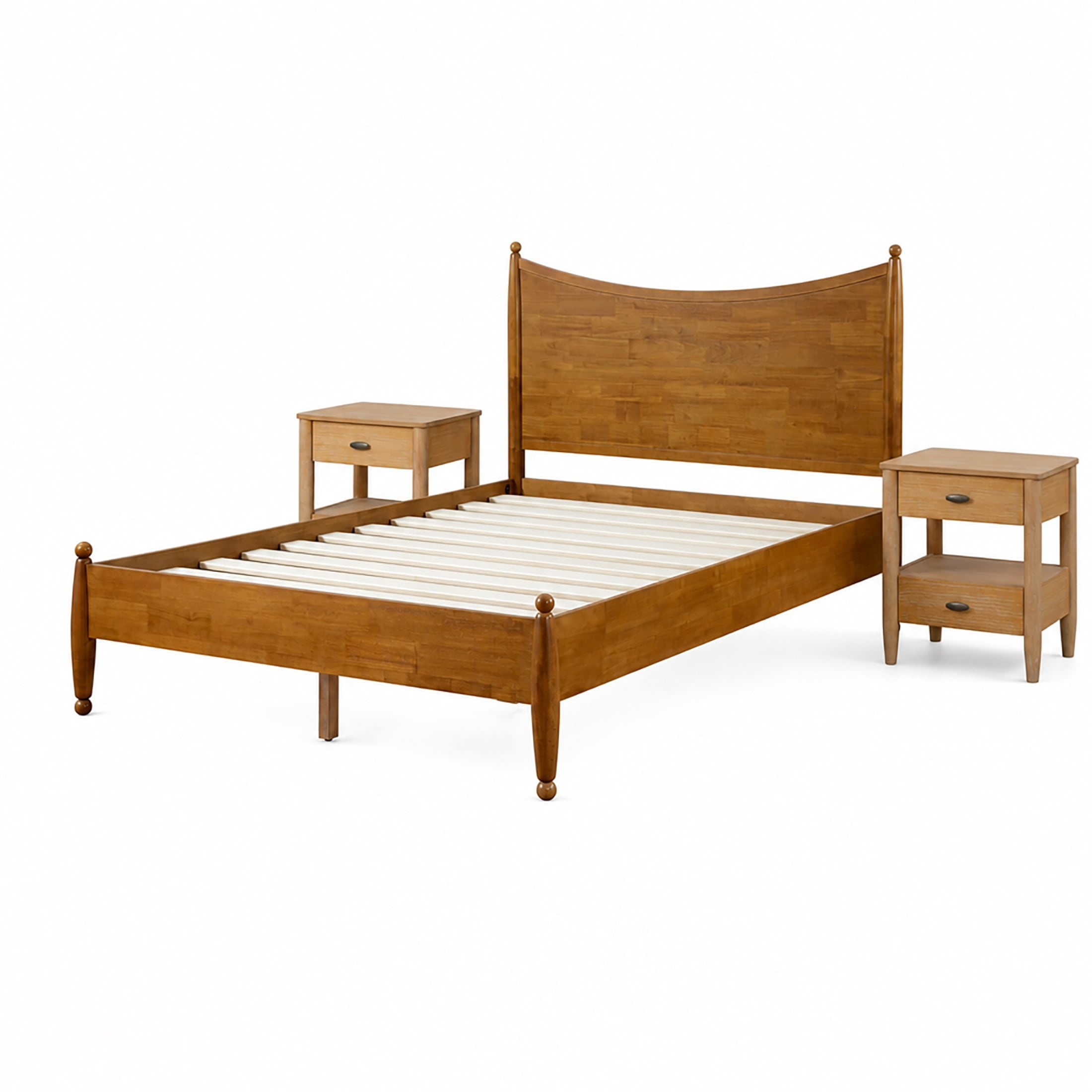 Christopher Knight Home Queen Bedroom Set, Wood Bed with Curved Headboard and 2 Nightstands, Brown+Natural