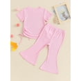 thumbnail image 5 of Musuos Toddler Girls Ribbed Summer Outfits, 9M 12M 18M 24M 3Y 4Y Short Sleeve Round Neck Side Drawstring Tops + Elastic Waist Flare Pants Set, 5 of 10