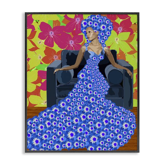 Stupell Industries Contemporary Woman In Blue Retro Floral Pattern Black Framed Giclee Art, 16 x 20, by Lynnda Rakos