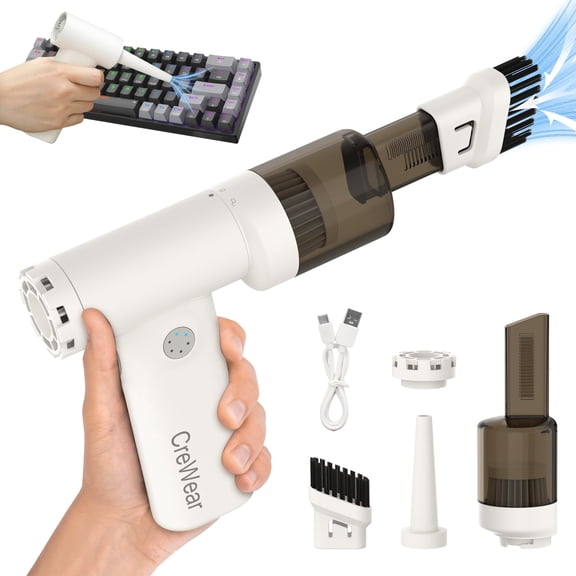 CreWear 2-in-1 Compressed Air Duster and Mini Vacuum, 11000 RPM Cordless Rechargeable Electric Blower with LED Light for Keyboard, Computer and Car