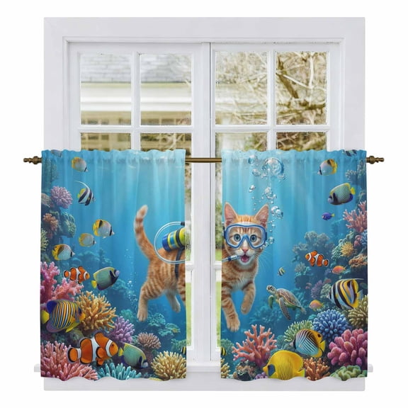 Ocean Diving Cat Kitchen Curtains 45 Inch Length, Coastal Coral Fish Marine Life Tiers Curtains for Bathroom Bedroom Cafe, Light Filtering Small Window Treatment Short Drapes 2 Panels 42"Wx45"L