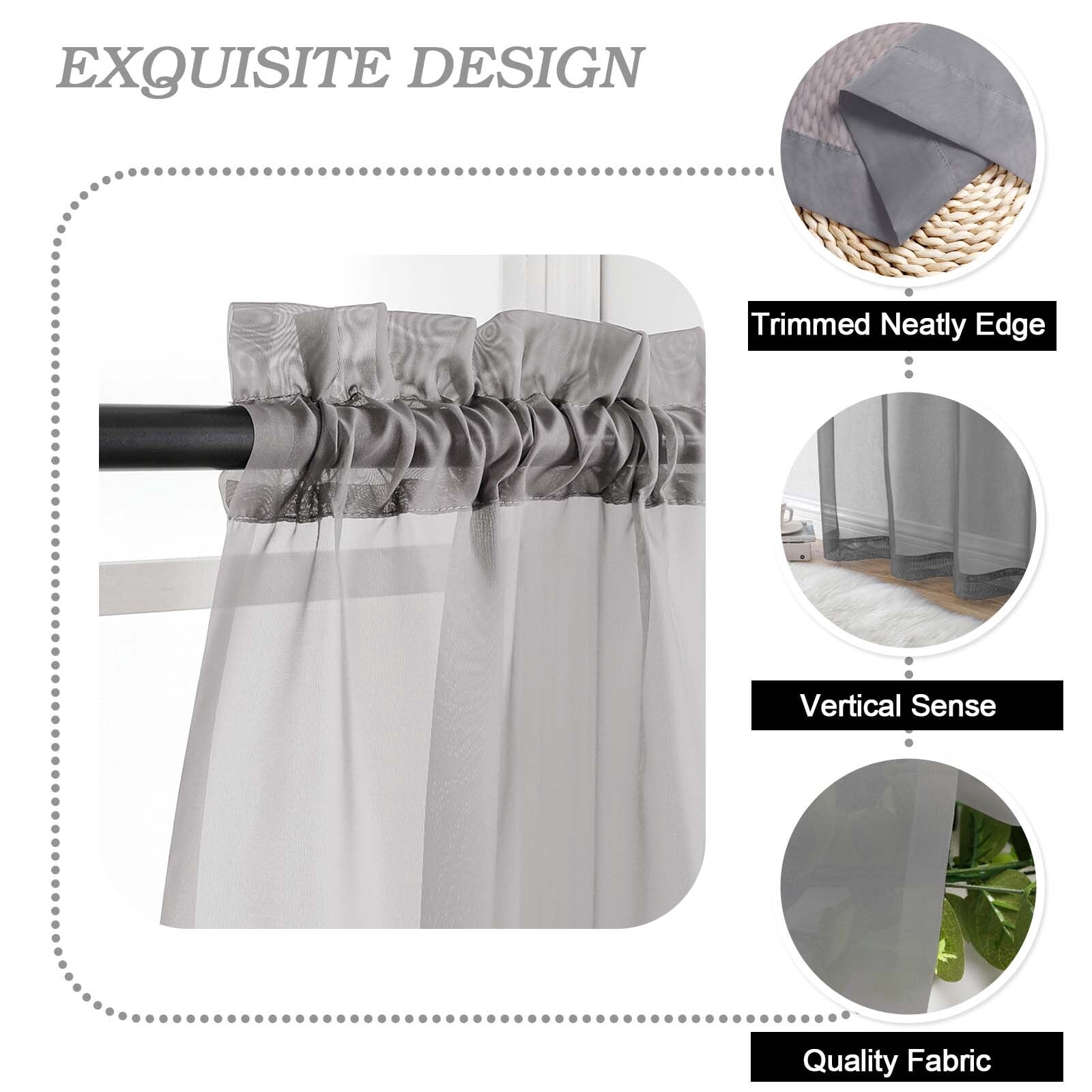 Patin Charcoal Grey Sheer Curtains 24 Inch Length 2 Pcs, Voile Solid Color Short Kitchen Curtain, Breathable Farmhouse Drapes Dual Rod Pockets for Bedroom Cafe Bathroom, Each Panel 42" W x 24" L