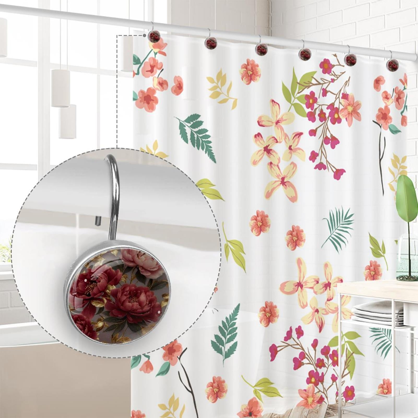 Imobaby 12 Pcs Metal Shower Curtain Hooks Rust Proof for Shower Curtain Liner - Golden Leaf Deep Pink Flower