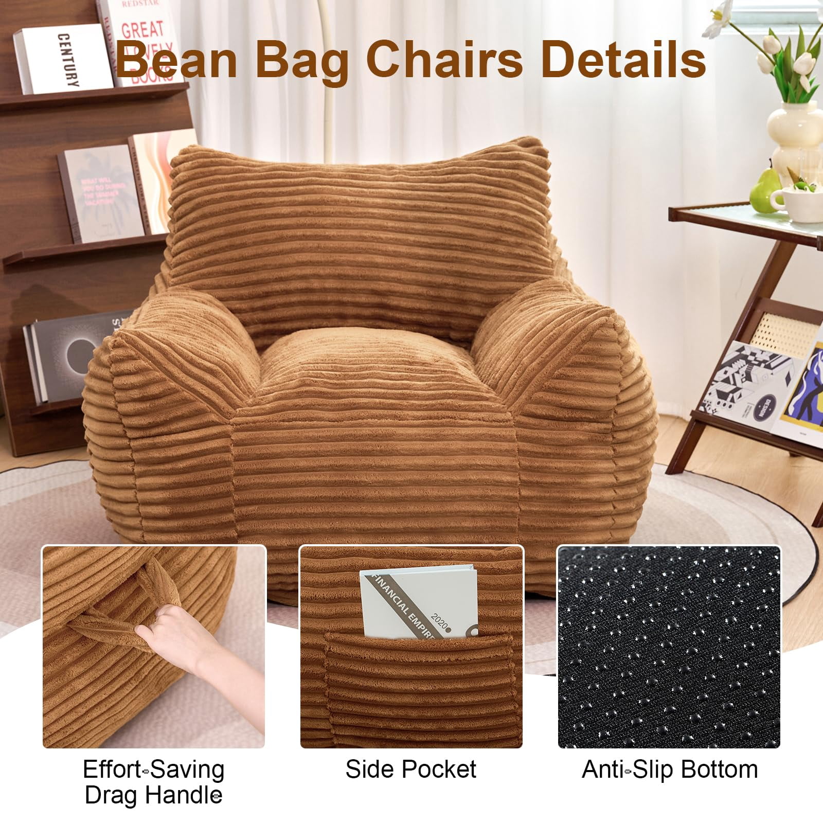 Peispie Giant Bean Bag Chair for Adults, Wide Seat Comfy Corduroy Floor Sofa with Armrests, Shredded Memory Foam Lazy Lounger, Oversized Gaming & Reading Chair for Bedroom 400LBS, Brown