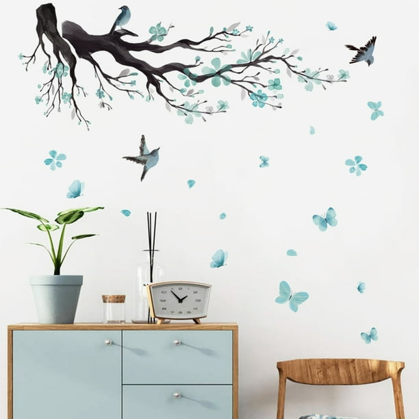 Stickers Muraux Branche de Fleur Autocollant Mural Fleurs Bleues Arbre  Oiseaux Décoration Murale Enfants Chambre Salon 