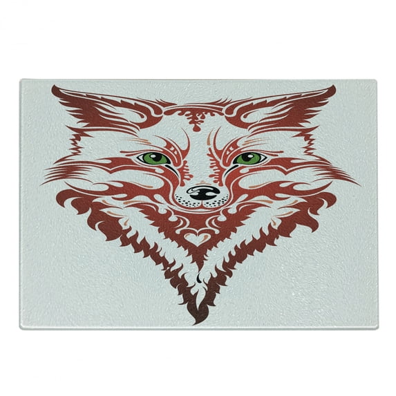 Fox Cutting Board, Patterned Portrait of Fox Sharp Green Eyes Wavy Curvy Design, Decorative Tempered Glass Cutting and Serving Board, Small Size, Dark Coral Green White, by Ambesonne