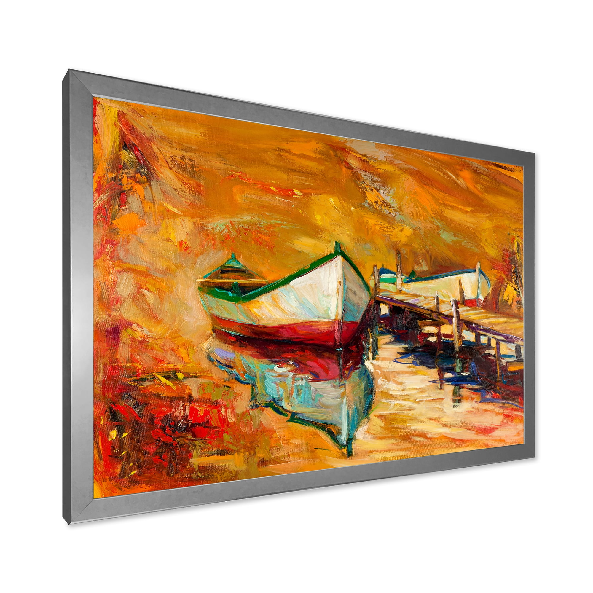 Designart 'Red and White Boats By The Pier' Nautical & Coastal Framed Art Print