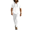 thumbnail image 3 of Mens 2 Piece Linen Set Summer Beach Short Sleeve Button Down Hooded Shirt Long Pant Vacation Casual Outfit with Short Sleeve Button-Up Top and Relaxed Long Pants White L, 3 of 6