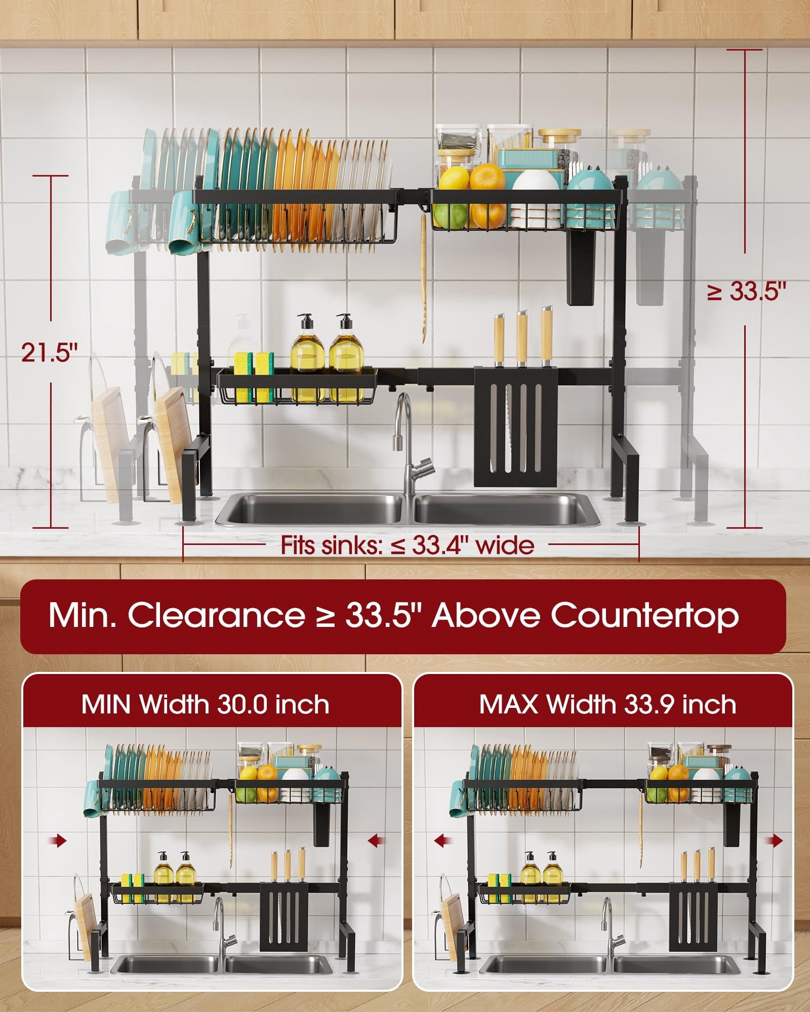 Over The Sink Dish Drying Rack - Adjustable 2 Tier Large Capacity Stainless Steel Drainer With Cutlery & Utensil Holders  Kitchen Storage Organization 30"-33.9" L X 11" W 21.5" H Black