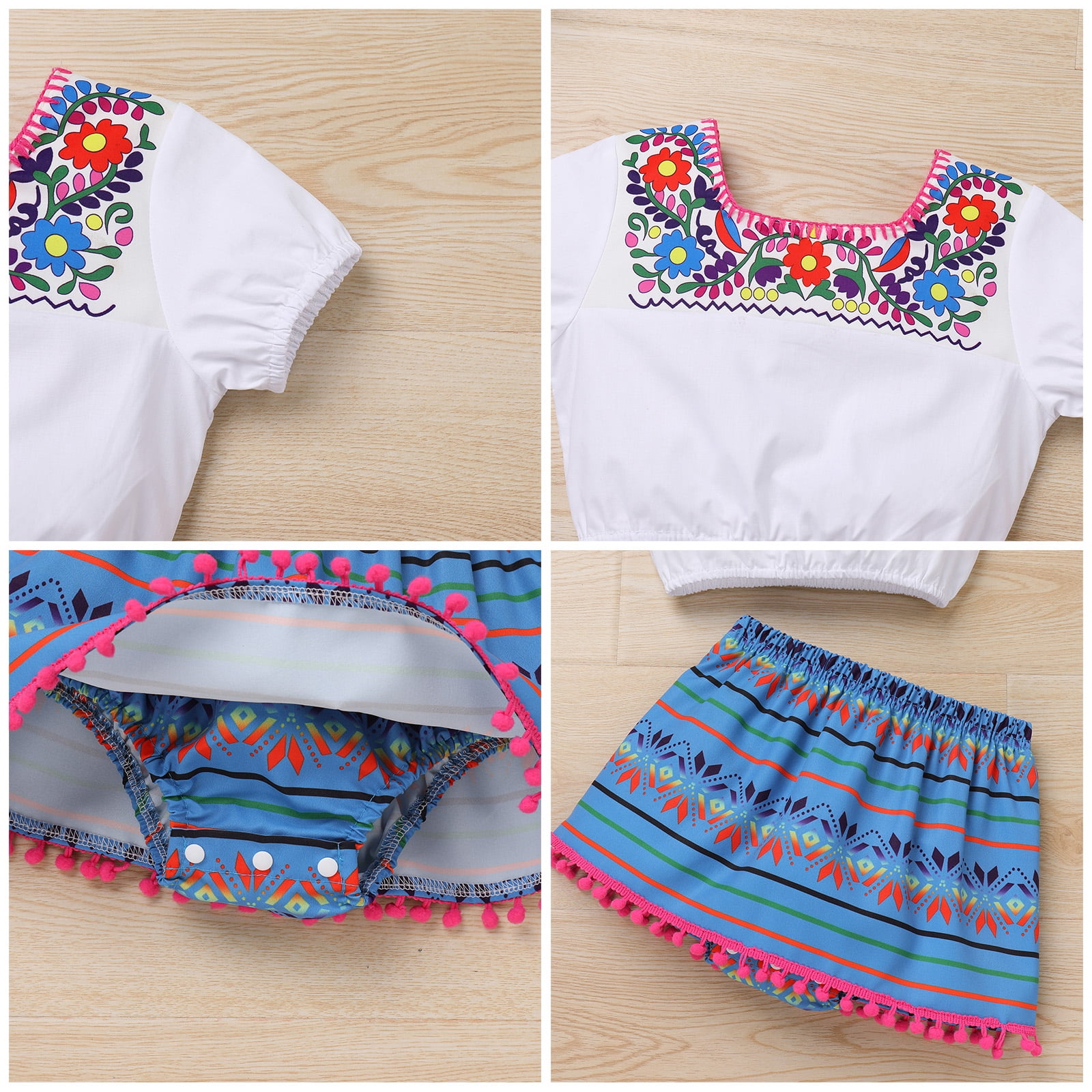 IBTOM CASTLE Toddler Baby Girls Mexican Traditional Fiesta Cinco de Mayo Outfit Floral Print Top + Skirt + Headband Photo Shoot Clothes 2-3 Years Blue